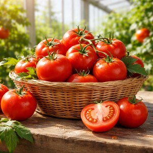 May include: A wicker basket overflowing with ripe, red tomatoes, some still attached to their green stems. One tomato is cut in half, revealing its juicy interior. The basket sits on a weathered wooden surface, with a blurred greenhouse background.