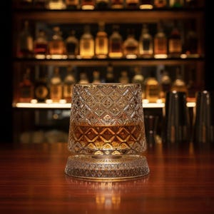 May include: A cut-crystal tumbler, filled with amber liquid, sits on a matching base. The glass has a diamond pattern. The glass is on a wooden surface, with a blurred bar and bottles in the background.