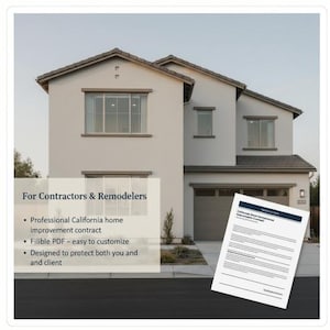 Op de afbeelding: Een huis met twee verdiepingen met een lichtgrijze buitenkant en een donkergrijs dak. Een document met de titel "California Home Improvement Contract" staat op de voorgrond. De tekst op de afbeelding luidt "For Contractors & Remodelers".