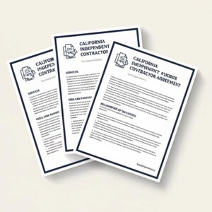 May include: Three white documents with blue borders and text, labeled "California Independent Contractor Agreement." The documents feature a logo of clasped hands and are arranged in a slightly overlapping layout. The text includes sections for services and terms.