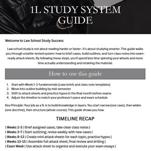 May include: A guide titled "1L Study System Guide" with text about law school study success. The guide outlines a system for briefing cases, building outlines, and creating exam-ready attack sheets. It includes a timeline recap for study.