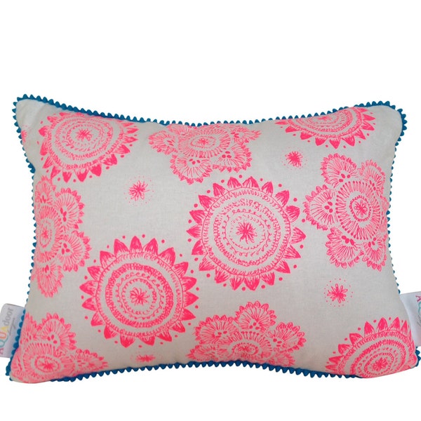Cushion cover Messy Posey design. Fluro pink design on white Linen/Cotton with aqua blue mini pompom trim 40cmx30cm