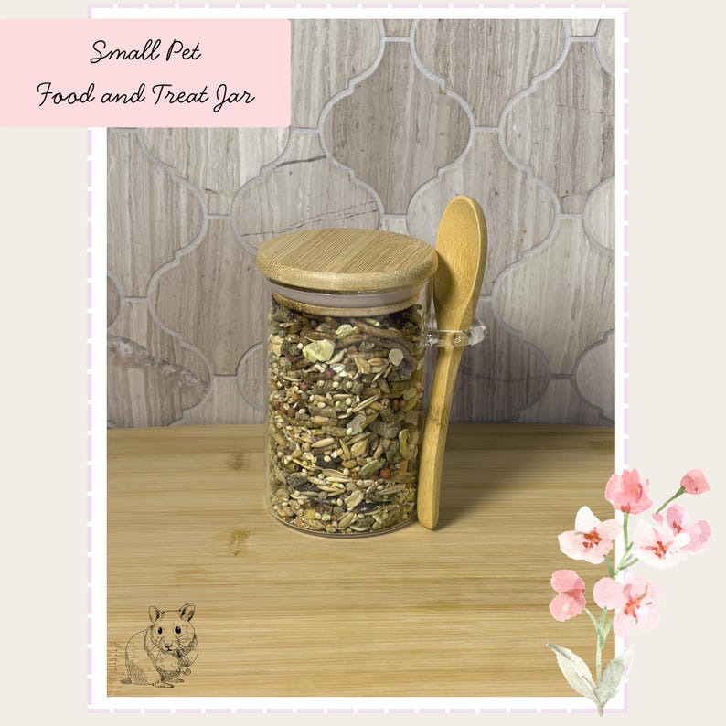 Op de afbeelding: Een doorzichtige glazen pot gevuld met een mix van zaden en granen, voorzien van een rond bamboe deksel en een houten lepel aan de zijkant. De tekst Small Pet Food and Treat Jar is zichtbaar. De pot staat op een houten ondergrond.