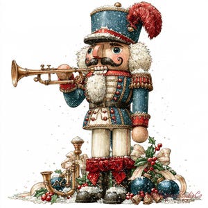 May include: A decorative nutcracker figure wearing a blue uniform with red and gold accents, a tall hat with a red feather, and a black moustache. The figure holds a gold trumpet, surrounded by holly, red berries, and blue ornaments in snow.