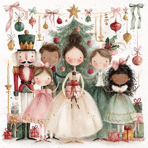 Peut inclure: Une illustration à l'aquarelle représentant un groupe d'enfants et un casse-noisette devant un sapin de Noël. La scène comprend des ornements suspendus, des rubans, des bougies et des cadeaux emballés dans des tons vert, rose, rouge et or.
