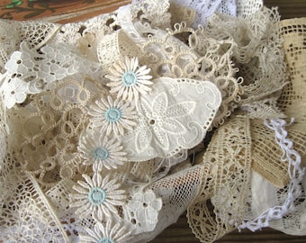 Vintage Grungy Old Lace Scrap Pack Bits & Pieces of Trim and Appliques (18 Pieces) White Off White Ecru Dirty Shabby