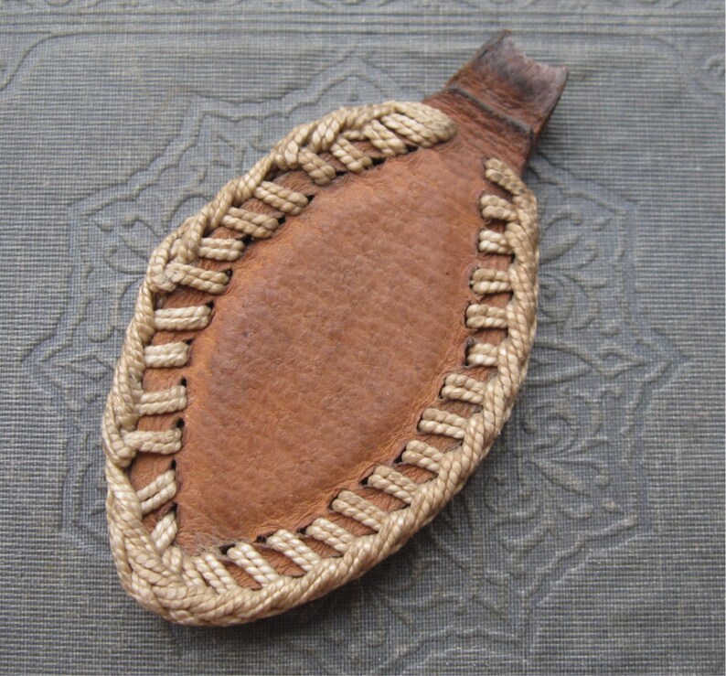 Vintage Large Virgin Mary Pendant in Brown Leather Macrame Cord Stitched Setting