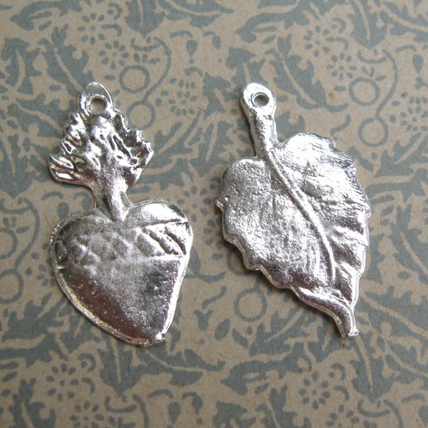 Vintage Used Milagro Charms from Mexico Flaming Heart Leaf Bright Silvertone Lot