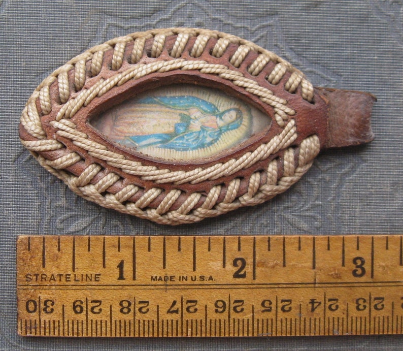 Vintage Large Virgin Mary Pendant in Brown Leather Macrame Cord Stitched Setting