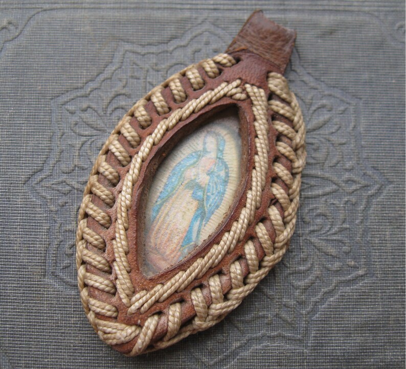 Vintage Large Virgin Mary Pendant in Brown Leather Macrame Cord Stitched Setting