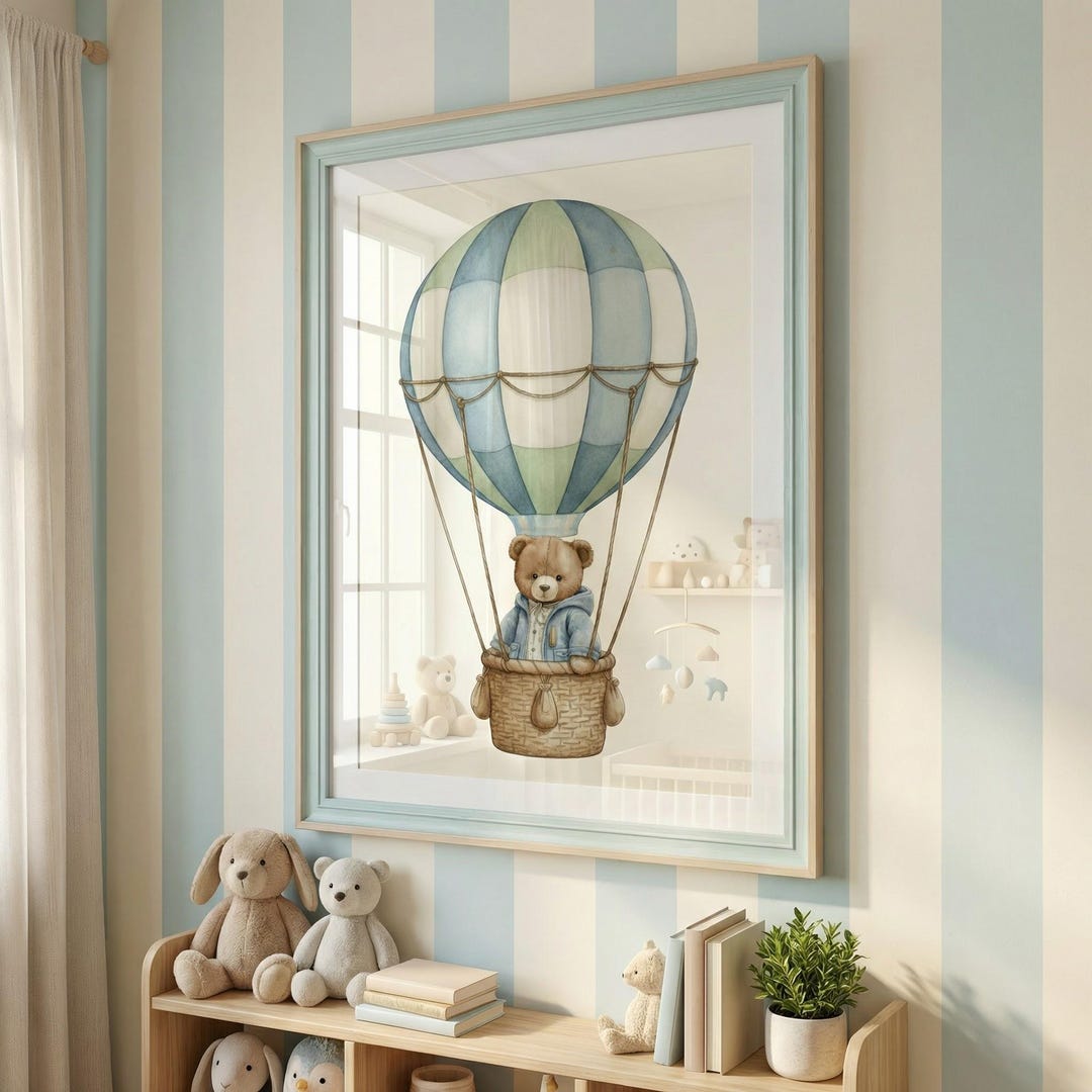 Teddy Bear Hot Air Balloon Print | Vintage Nursery Wall Art (digital ...