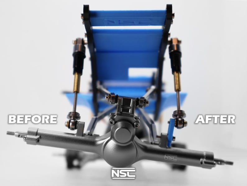 Pu&ograve; includere: Primo piano di un telaio di auto modello, che mostra una modifica con le etichette "PRIMA" e "DOPO". Il telaio &egrave; argentato con dettagli blu. L'immagine si concentra sui dettagli meccanici.
