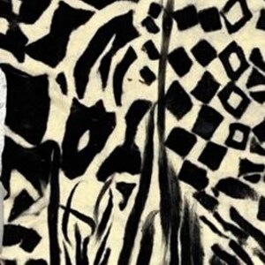 May include: Black and cream-colored fabric with a bold, abstract pattern. The design features a mix of zebra stripes, geometric shapes, and organic forms, creating a striking visual texture. The fabric's contrasting colors and dynamic design make it suitable for various applications.