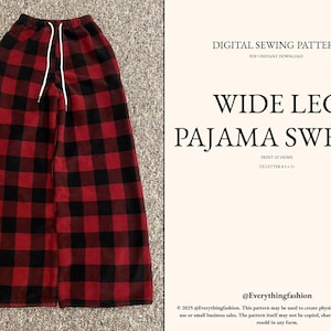 May include: Wide-leg pajama sweats in a red and black buffalo plaid pattern. The pants have a drawstring waist. The image also includes text that reads "DIGITAL SEWING PATTERN WIDE LEG PAJAMA SWEATS".