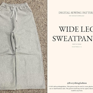 以下が含まれることがあります： ドローストリングウエストとポケットが付いた、ライトグレーのワイドレッグスウェットパンツ。画像には、ワイドレッグスウェットパンツのデジタルソーイングパターンも含まれています。パターンはPDFでご利用いただけます。