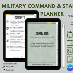 May include: Digital military command and staff planner displayed on two tablets. The planner includes sections for daily control, command, staff, personnel, and training. Text on the image reads "Focused. Disciplined. Operational."