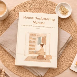 May include: A book titled "House Decluttering Manual" with an illustration of a person organizing a closet. The book is on a beige cloth, with a cup of coffee, a small bowl of gold paper clips, a notepad, and a candle.