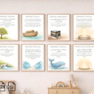 Peut inclure: Ensemble de huit impressions d'art encadrées présentant des illustrations à l'aquarelle de figures et de symboles religieux. Chaque impression comprend du texte arabe et des traductions en anglais. Les images représentent des scènes telles qu'un arbre, une arche, un bâtiment en forme de cube et une baleine.