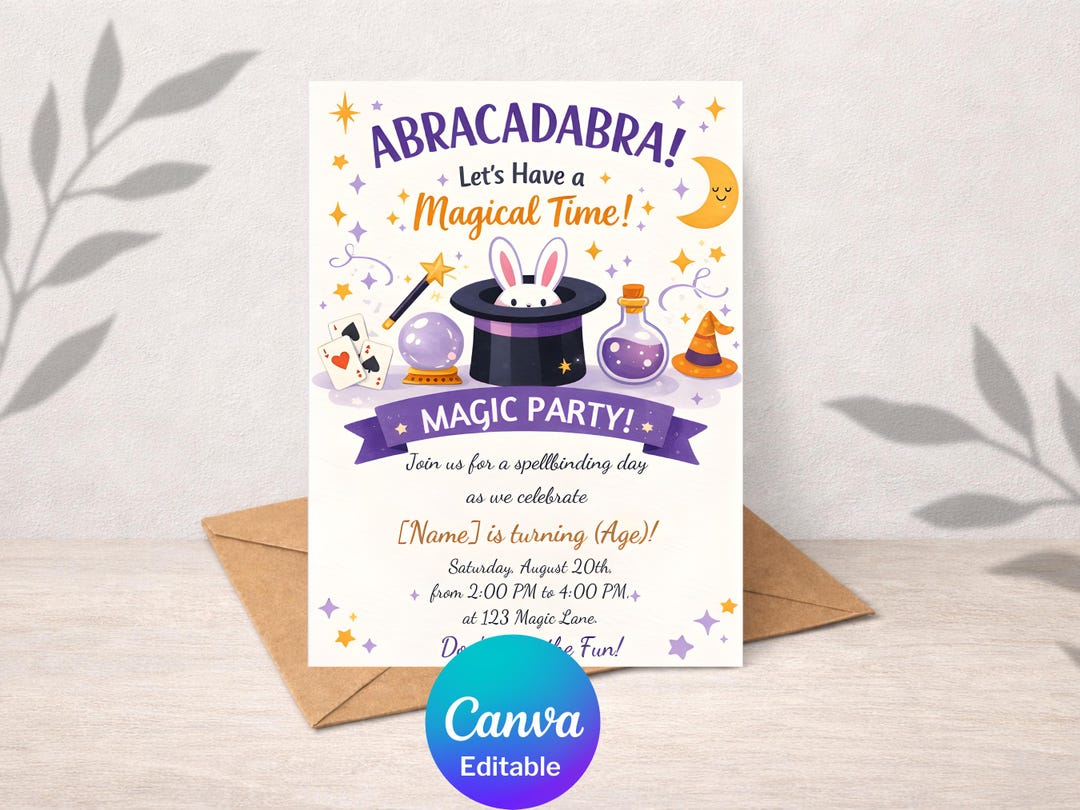 Magic Invite Magic Birthday Invitation Canva Editable Template Wizard Magic Party ...