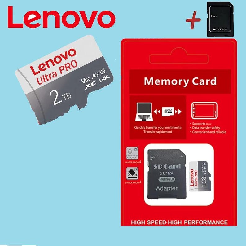 Op de afbeelding: Een Lenovo Ultra PRO 2TB geheugenkaart met adapter, gepresenteerd op een rood-witte verpakking. De verpakking bevat de tekst "Memory Card" en "High Speed High Performance". De geheugenkaart is water- en schokbestendig.