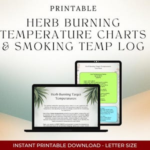 Könnte beinhalten: Ein digitaler Download mit dem Text "DRUCKBARE KRÄUTERVERBRENNUNGSTEMPERATURTABELLEN & RAUCHTEMP-PROTOKOLL". Das Bild zeigt einen Laptop und ein Tablet, die Diagramme mit Text über Kräuterverbrennungstemperaturen anzeigen.