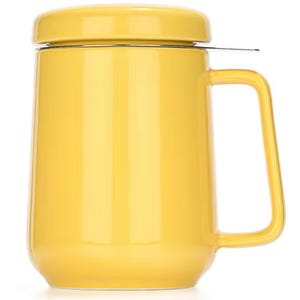 May include: A bright yellow ceramic tea mug with a matching lid and a stainless steel tea infuser. The mug has a large handle and a smooth, glossy finish. The mug is designed for tea or coffee.