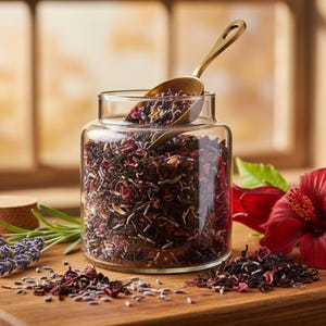 May include: A glass jar filled with dried tea leaves and a gold spoon. A red hibiscus flower and lavender sprigs sit on a wooden board. A cork and scattered tea leaves are also present.