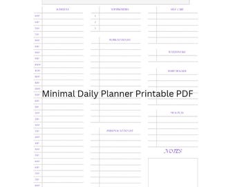 May include: A minimalist daily planner printable PDF with a white background and purple text. The planner includes sections for schedule, top priorities, work to-do list, personal to-do list, self-care, water intake, habit tracker, meal plan, and notes.