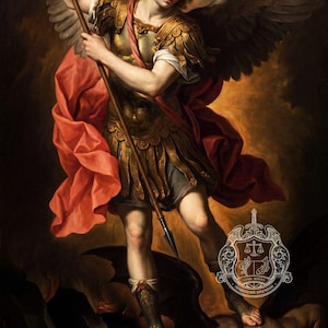 May include: An oil painting depicting an angel with large wings wearing golden armour and a red cloak, holding a long spear while standing over a dark figure. A white emblem with a sword, scales, and the text TRADITIONIS SPLENDOR is visible.