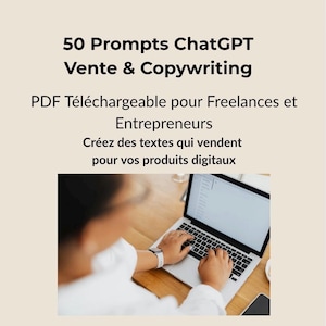 Peut inclure: Un ordinateur portable avec un clavier noir est ouvert sur un bureau en bois. L'écran est visible et les mains d'une personne tapent sur le clavier. L'image comprend le texte "50 Prompts ChatGPT Vente & Copywriting".