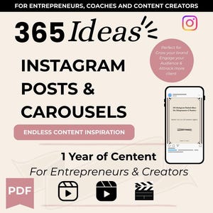 Peut inclure: Graphique de marketing numérique avec le texte "365 Idées Posts & Carrousels Instagram" pour les entrepreneurs et créateurs de contenu. Comprend une maquette d'écran de téléphone et des icônes de médias sociaux.
