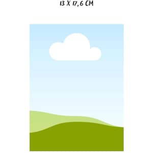 Op de afbeelding: Een digitale illustratie met een lichtblauwe lucht, een witte wolk en een groen landschap. De tekst bovenaan luidt "KOBO LIBRA/COLOUR 7 INCH" en daaronder "13 X 17,6 CM".