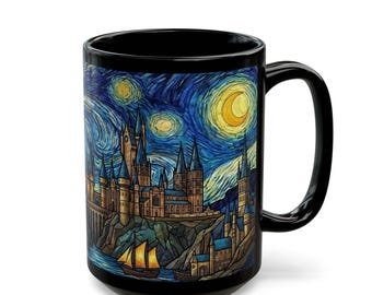 May include: Black ceramic mug featuring a stylized illustration of a castle under a starry night sky with a crescent moon. The design includes a sailboat on the water. The mug has a large handle.