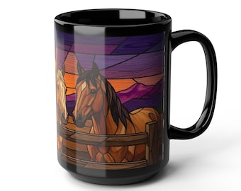 Stained Glass Horse Coffee Mug, Western Sunset Horse Lover Gift, Equestrian Ranch Art Cup, Rustic Country Farmhouse Decor 11oz 15oz