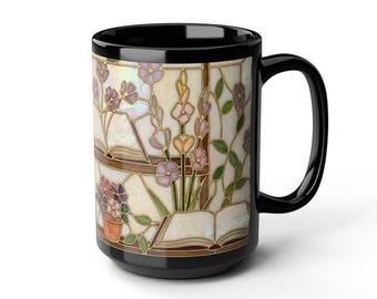 Stained Glass Bookshelf Coffee Mug, Book Lover Gift, Floral Library Cup, Bookish Aesthetic Decor, Librarian Reader Gift 11oz 15oz
