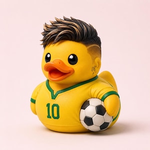 May include: A yellow rubber duck styled as a soccer player with a spiky brown hairstyle, wearing a yellow jersey with green trim and the number 10 printed in green. The duck holds a black and white soccer ball and has a small tattoo on its cheek.
