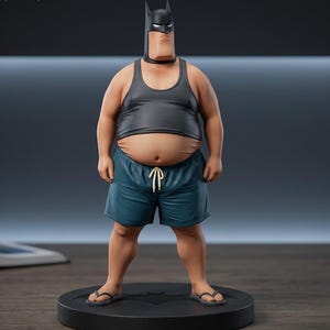 Pode incluir: Uma estatueta de Batman em estilo cartoon. A figura usa um capuz preto, uma regata e calções azuis com um cordão branco. A figura está em pé sobre uma base preta e usa chinelos.