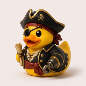 Pode incluir: Um pato de borracha amarelo vestido de pirata, usando um chapéu de três pontas preto com um emblema dourado de caveira e ossos, um tapa-olho preto, um casaco escuro com botões dourados, uma faixa vermelha e um gancho prateado segurando um mapa.