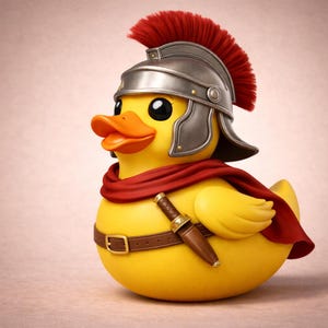 Può includere: Un'anatra di gomma gialla con un elmo romano argentato con cresta rossa, un mantello rosso e una cintura marrone con un piccolo pugnale. L'anatra ha un becco arancione e occhi neri. Lo sfondo è rosa tenue.