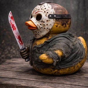 Op de afbeelding: Een gele rubberen eend met een hockeymasker en een versleten grijs shirt, die een bloedig mes vasthoudt. De eend heeft een oranje snavel en staat op een houten oppervlak. Een uniek en eigenzinnig decoratief item.