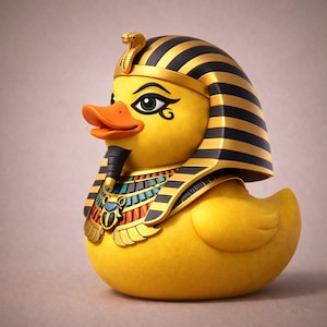 Puede incluir: Un patito de goma amarillo con una corona de faraón egipcio con rayas negras y doradas y una cobra dorada. El pato tiene un pico naranja, ojos verdes y un collar decorativo. Un artículo de novedad divertido.