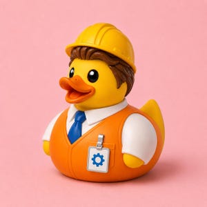 May include: A yellow rubber duck dressed as a construction worker, wearing a yellow hard hat, a white collared shirt, a blue tie, and an orange safety vest. A white identification badge with a blue gear icon is clipped to the orange vest.
