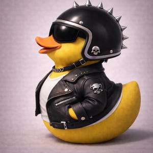 May include: A yellow rubber duck wearing a black motorcycle helmet with silver spikes, black sunglasses, and a black leather jacket with a skull emblem. The duck has an orange beak and a silver chain necklace.
