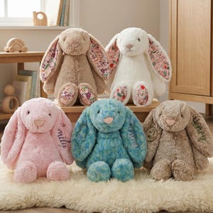 Coelho de pelúcia personalizado com orelhas de coelho, bicho de pelúcia com peso, bicho de pelúcia personalizado, lembrancinhas para chá de bebê