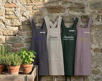 Personalized Gardening Apron with Pockets – Custom Cross Back Apron, Pinafore Apron, Work Apron, Presents for Mom