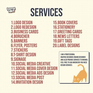May include: A graphic design services menu on a grid background featuring the Illustra Haus logo and a list of twenty services including logo design, business cards, and social media creative, with a text box showing a cat illustration.