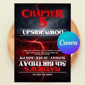 May include: A digitally designed invitation with a dark, ominous theme. The text reads "CHAPTER 5" in red, with "UPSIDE DOWN" and "MATHEW'S 5TH BIRTHDAY" in white. A Canva logo is visible.