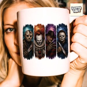 May include: A white ceramic mug featuring a graphic print of four horror movie characters: Jason Voorhees, Pennywise, Freddy Krueger, and Michael Myers. The design includes the text "iLLUSTRA HAUS" in the upper right corner of the mug.