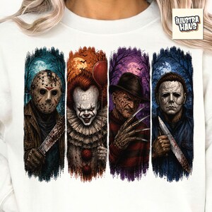 May include: A white sweatshirt featuring a graphic print of four horror movie characters in vertical panels. The characters include a hockey-masked figure with a knife, a clown with a red balloon, a scarred figure with clawed gloves, and a masked man with a knife.