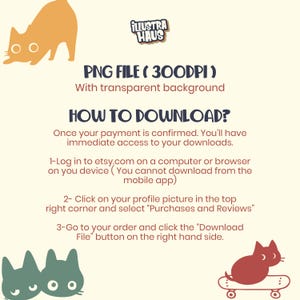 May include: A digital graphic featuring the text "iLLUSTRA HAUS", "PNG FILE ( 300DPI )", "With transparent background", and "HOW TO DOWNLOAD?" followed by three numbered steps for accessing files, accompanied by illustrations of three cats.